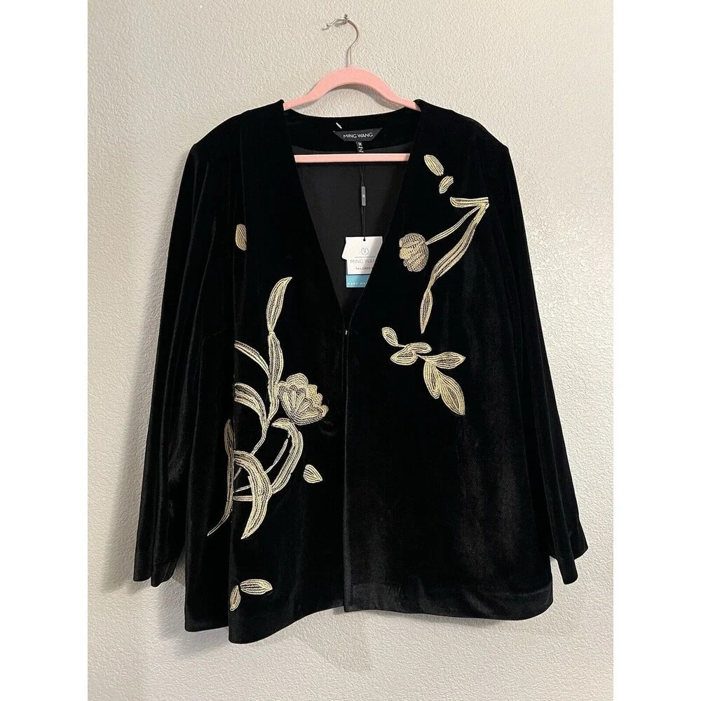 NWT Ming Wang Black Gold Embroidery Velvet Jacket  2X